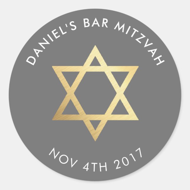 Sticker Rond Bar Mitzvah moderne gris + étoile dorée de david (Devant)