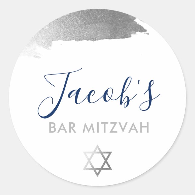 Sticker Rond BAR MITZVAH moderne luxe doré argent bleu marine (Devant)