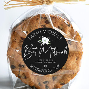 Sticker Rond Bar Mitzvah Noir Chauve-Souris Écriture Argent Flo