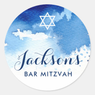 Sticker Rond BAR MITZVAH SEAL blanc étoile smart bleu aquarelle