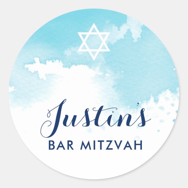 Sticker Rond BAR MITZVAH SEAL étoile moderne aqua bleu aquarell (Devant)
