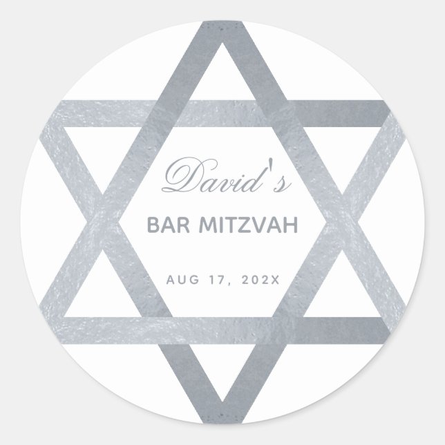 Sticker Rond Bar Mitzvah Star de David Faux Argent Gris Script (Devant)