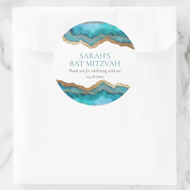 Sticker Rond Bar ou Bat Mitzvah Agate Bleu Or (Sac)