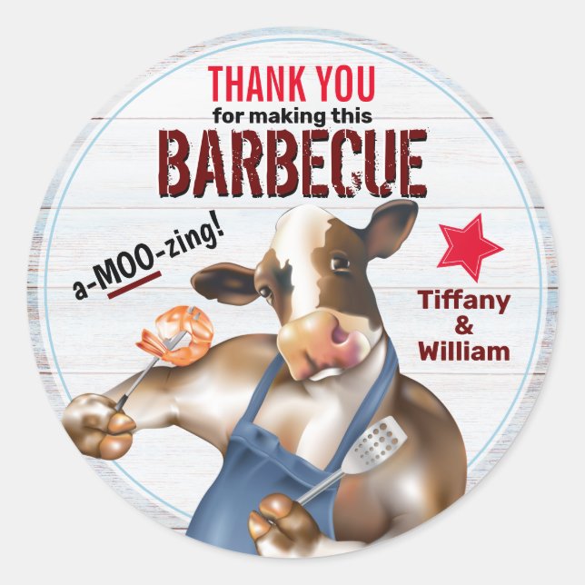 Sticker Rond Barbecue Cuisine Vache Grillant crevettes (Devant)