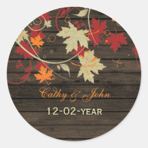 Sticker Rond Barne Bois Rustique Feuilles Mariage