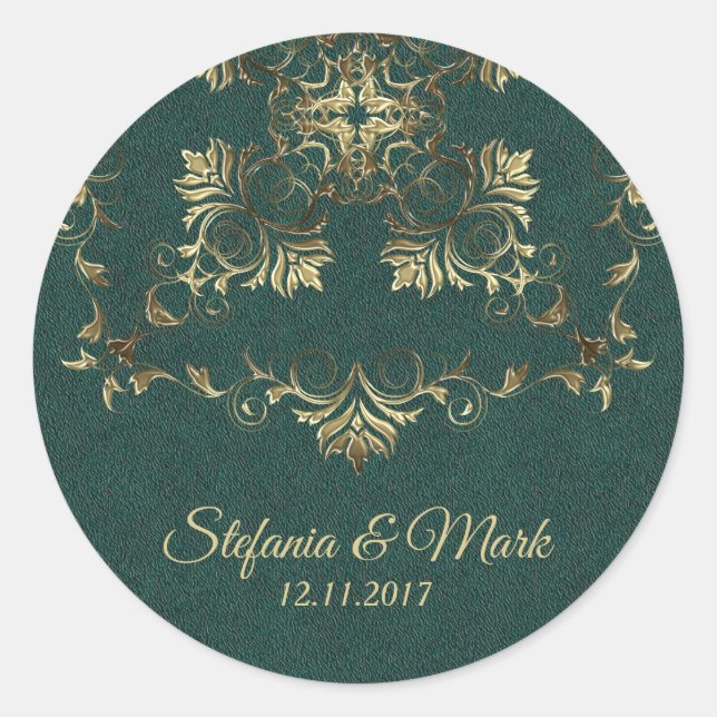 Sticker Rond Baroque d'or sur arrière - plan vert. (Devant)