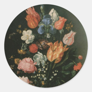 Sticker Rond Baroque Floral Vintage, Vase de Fleurs dans une Ni