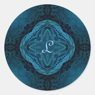 Sticker Rond Baroque gothique romantique en monogramme bleu fon