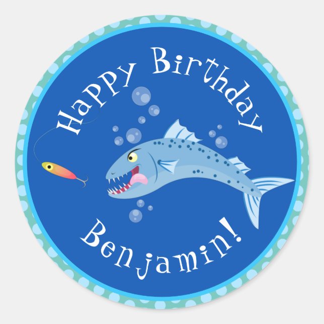 Sticker Rond Barracuda dessin de pêche anniversaire personnalis (Devant)