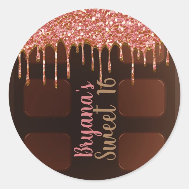 Sticker Rond Barre de chocolat rose pailleté douce 16 ans (Devant)