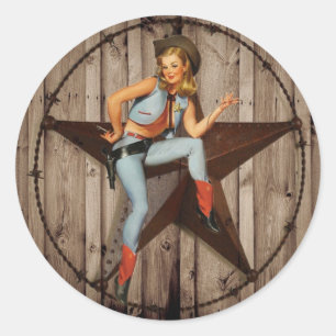 Sticker Rond Barre Wood Texas Star pays occidental Cowgirl