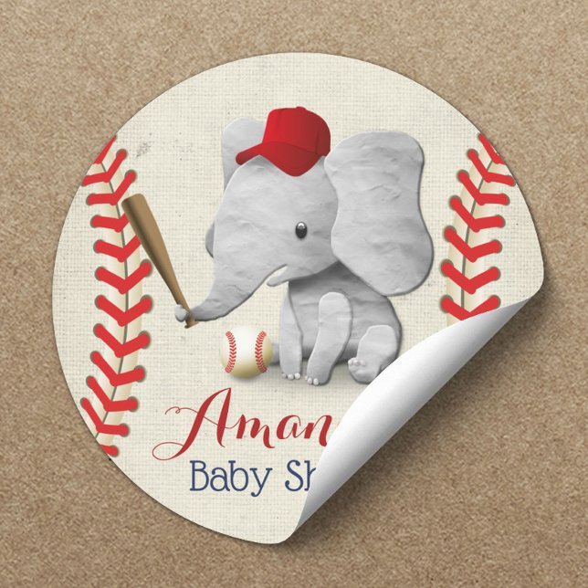 Sticker Rond Baseball Boy Cute Elephant Baby shower (Créateur téléchargé)