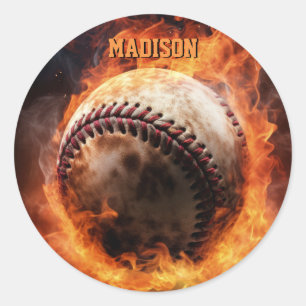 Sticker Rond Baseball de texte personnalisé en feu