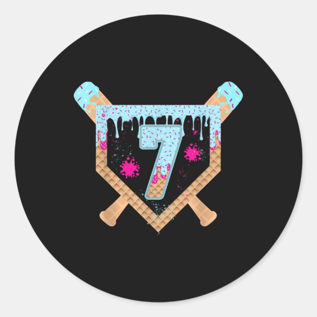 Sticker Rond Baseball Drip Ice Cream Dripping 7 Year Old 7th Bi (Devant)