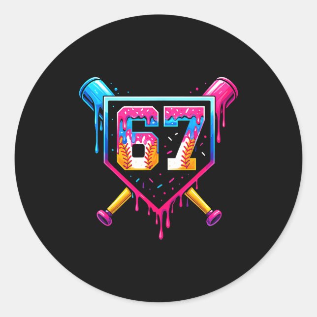 Sticker Rond Baseball Ice Cream Drip Number 67 Six Seven Meme C (Devant)