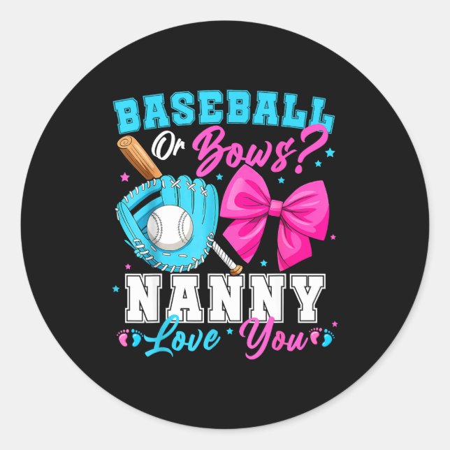 Sticker Rond Baseball Or Bows Nanny Loves You Gender Reveal Fam (Devant)