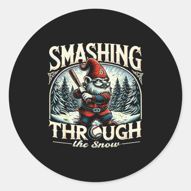 Sticker Rond Baseball Player Christmas Gnome, Smashing Through  (Devant)