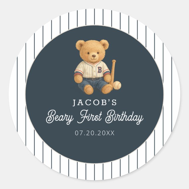 Sticker Rond Baseball Preppy Bear 1er anniversaire (Devant)