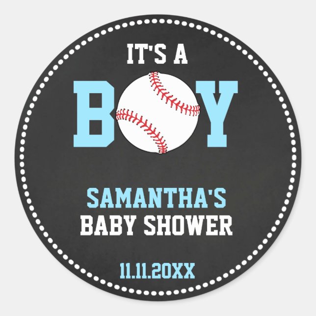 Sticker Rond BASEBALL Thème Baby shower Chalkboard Blue Boy (Devant)