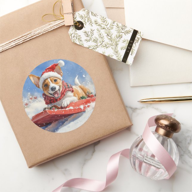 Sticker Rond Basenji Chien en rebord Laisser neiger Noël (Cadeaux)