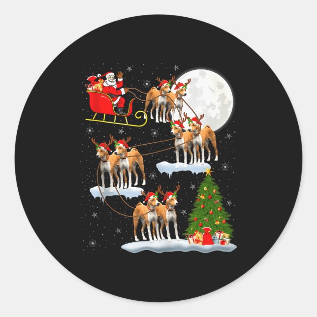Sticker Rond Basenji Dog Santa Sleigh Flying Funny Magical Chri (Devant)