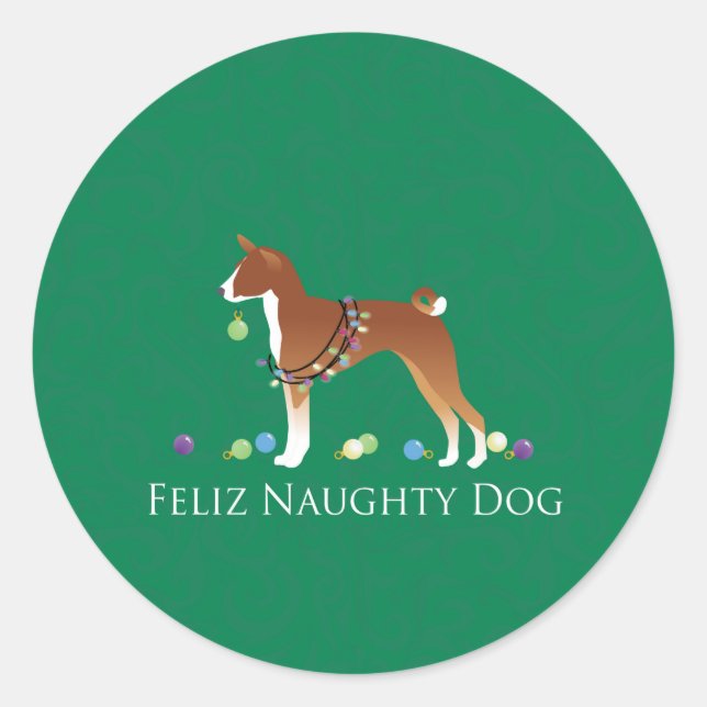 Sticker Rond Basenji Feliz Naughty Dog Noël (Devant)