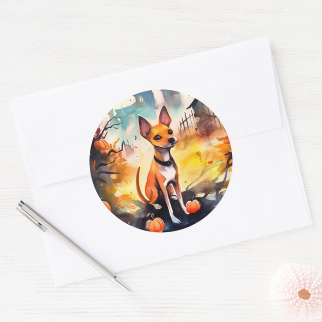 Sticker Rond Basenji Halloween avec citrouilles effrayant  (Enveloppe)
