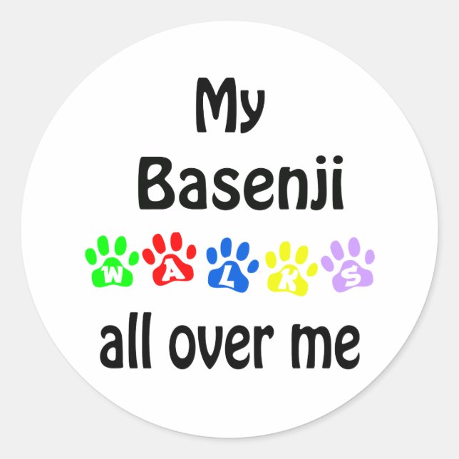 Sticker Rond Basenji Walks Design (Devant)