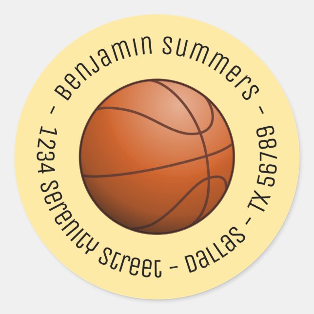 Sticker Rond Basket Ball Texte personnalisé sur Jaune (Devant)