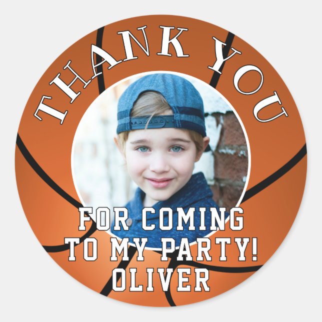 Sticker Rond Basketball Ball Kids Photo Anniversaire Merci (Devant)