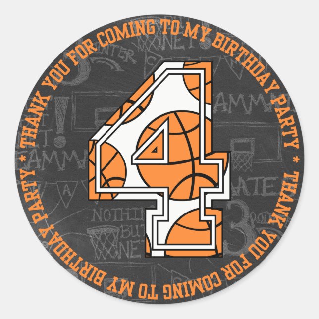 Sticker Rond Basketball Chalkboard 4e anniversaire Merci (Devant)
