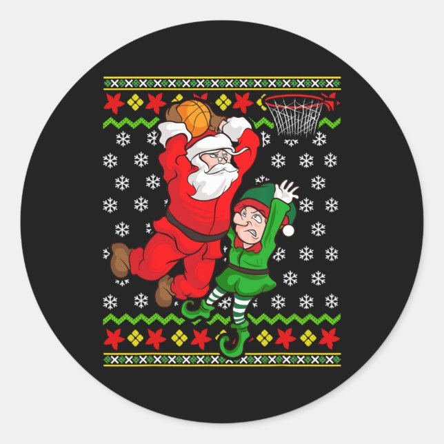 Sticker Rond Basketball Santa Claus Slam Dunk Elf Ugly Christma (Devant)