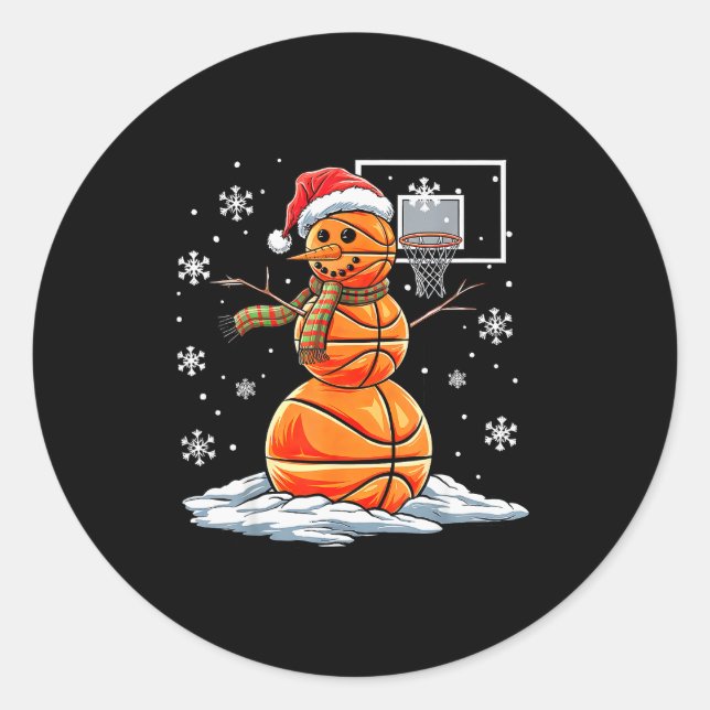 Sticker Rond Basketball Snowman Player Santa Hat Christmas Funn (Devant)