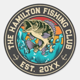 Sticker Rond Basse à grande bouche Retro Sunset Club de pêche