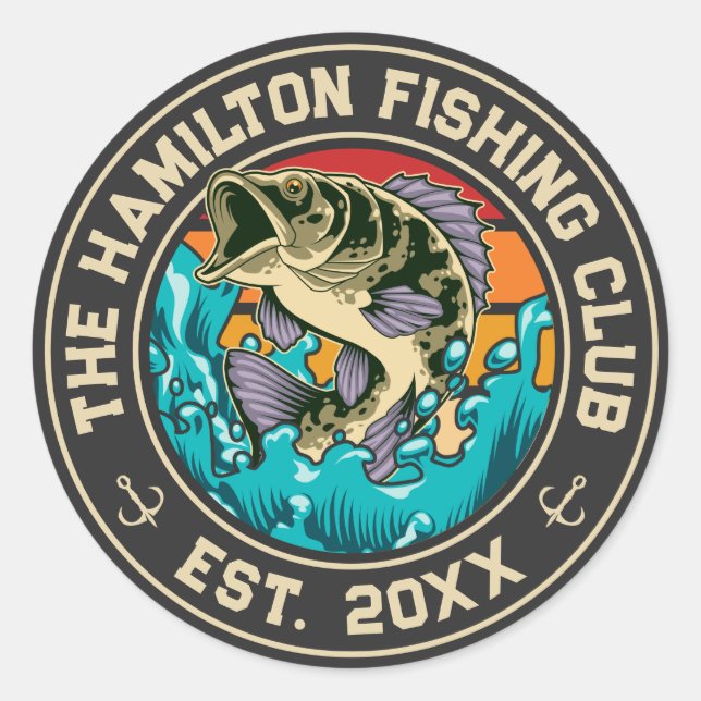 Sticker Rond Basse à grande bouche Retro Sunset Club de pêche (Devant)