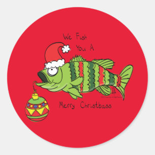 Sticker Rond Basse de Noël amusant Pêche Poisson Cute Cartoon