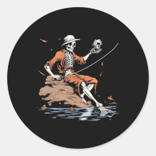 Sticker Rond Basse de pêche Fisher Skeleton Halloween