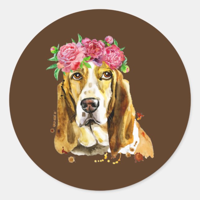 Sticker Rond Basset hache couronne de fleur aquarelle art chien (Devant)