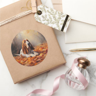 Sticker Rond Basset Hound à l'automne Leaves automne Inspire