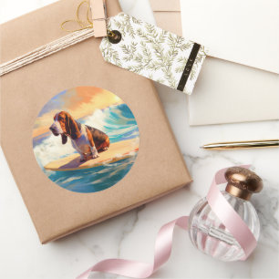 Sticker Rond Basset Hound Beach Surf Peinture