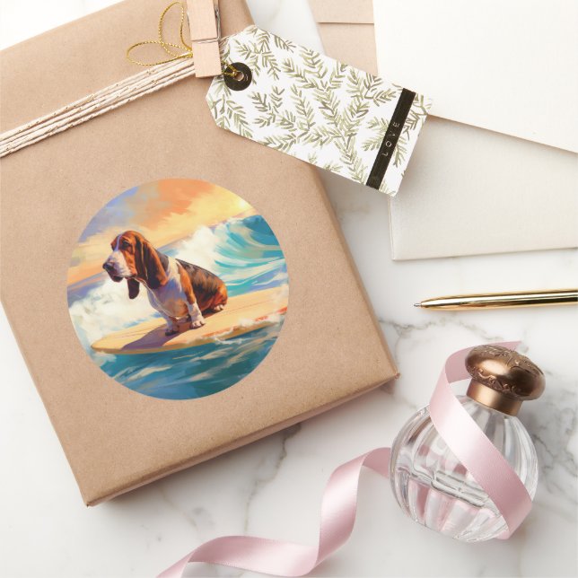 Sticker Rond Basset Hound Beach Surf Peinture (Cadeaux)