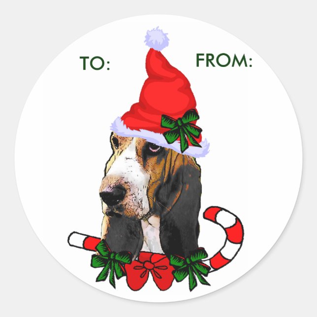 Sticker Rond Basset Hound Cadeaux de Noël, À :, DE : (Devant)