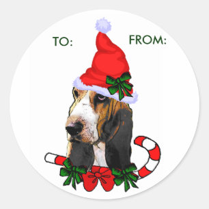 Sticker Rond Basset Hound Cadeaux de Noël, À :, DE :