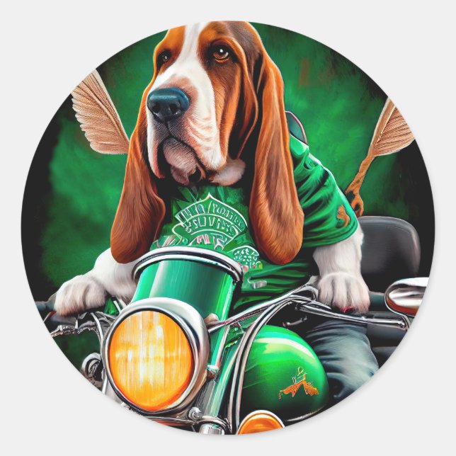 Sticker Rond Basset Hound Chien conduisant vélo St. Patrick's D (Devant)