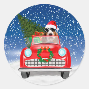 Sticker Rond Basset Hound Chien Conduite Voiture En Neige Noël 