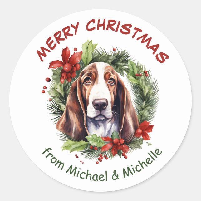 Sticker Rond Basset Hound Christmas Poinsettia Wreath (Devant)