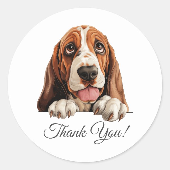 Sticker Rond Basset Hound Cute Chien Merci (Devant)