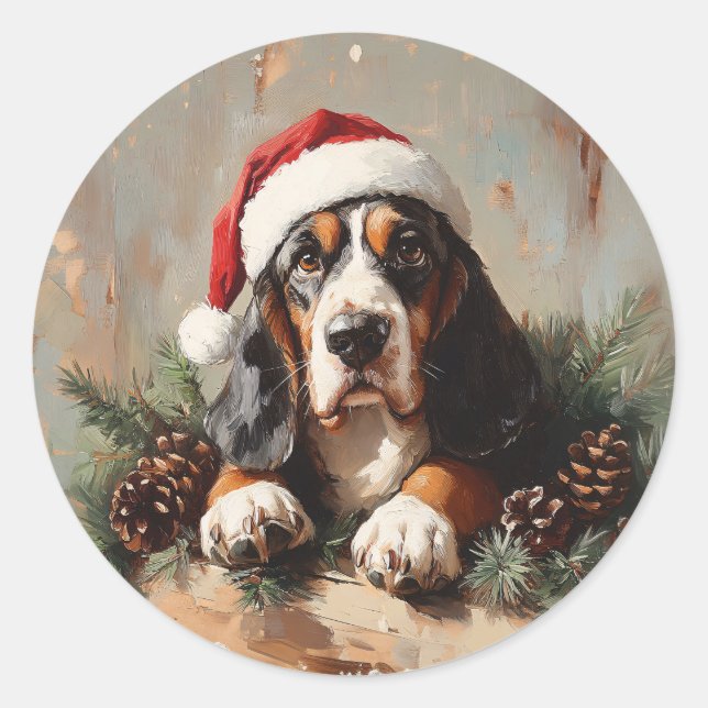 Sticker Rond Basset Hound dans une peinture à l'huile de chapea (Devant)