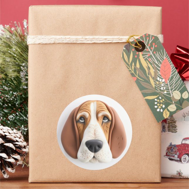 Sticker Rond Basset Hound Dog 3D inspiré (vacances)