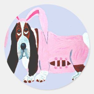 Sticker Rond Basset Hound En Costume De Lapin Rose
